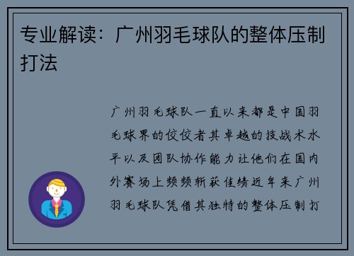 专业解读：广州羽毛球队的整体压制打法