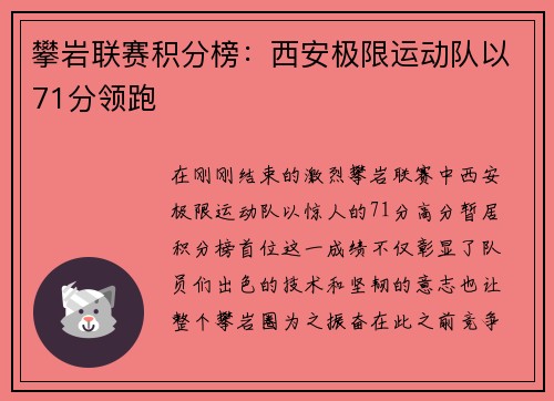 攀岩联赛积分榜：西安极限运动队以71分领跑