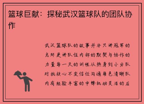篮球巨献：探秘武汉篮球队的团队协作