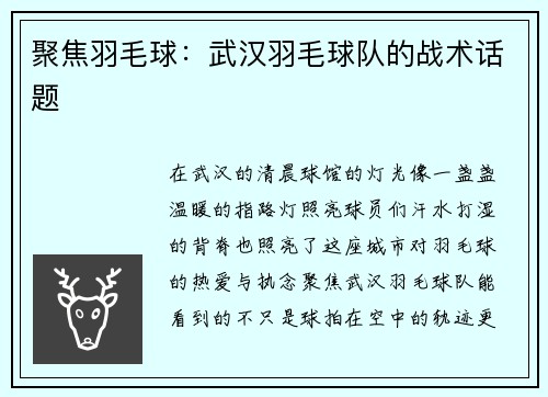 聚焦羽毛球：武汉羽毛球队的战术话题