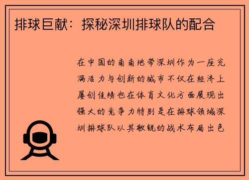 排球巨献：探秘深圳排球队的配合